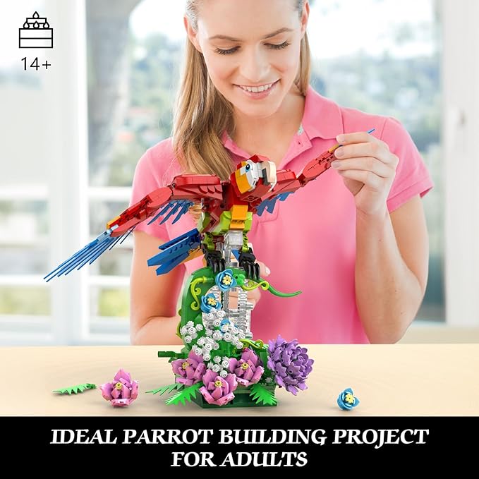 Parrot Floral Building Set MOC Flower and Parrot Collectible Table Art Kit Creator 2 in 1 Animals Bird Ideas Gifts Toys for Adults and Teens Age 14+ (1176 PCS)