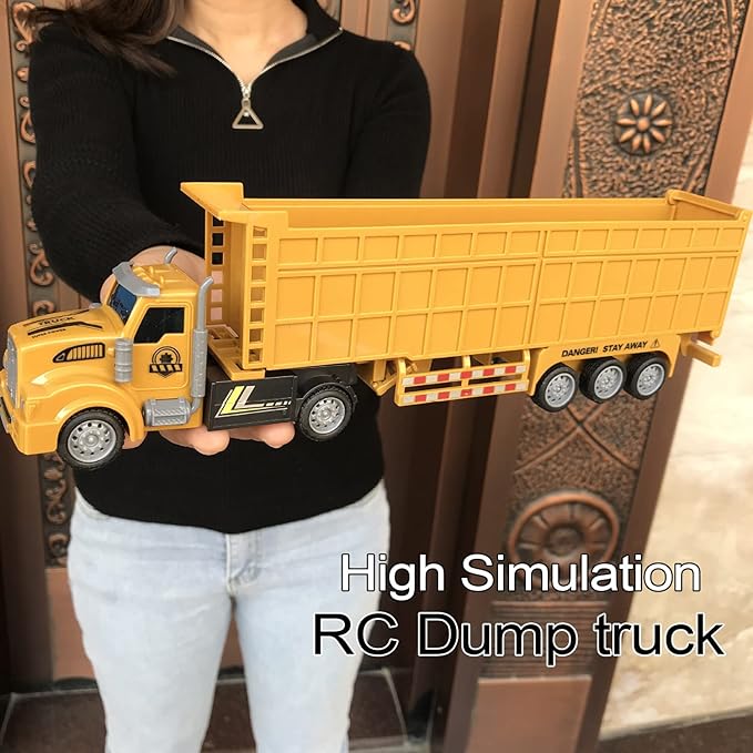 RC Dump Truck with Trailer - 14 1:48 Mini Semi Truck Toy with 2 Rechargeable Batteries Remote Control Car Construction Vehicles with Lights Engineering Tractor Toy for 3 4 5 Years Kids Boys Girls