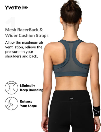 Yvette Zip Front Sports Bra - High Impact Sports Bras for Women Plus Size Workout Fitness Running,Haze Blue,M