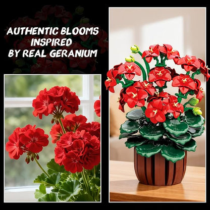 Flowers Geranium Botanicals Building Set - Artificial Bonsai Plants for Home Office Decor Display 548PCS Geranium Flowers Pot Building Blocks for Adults Women Age 12+ Gift for Easter