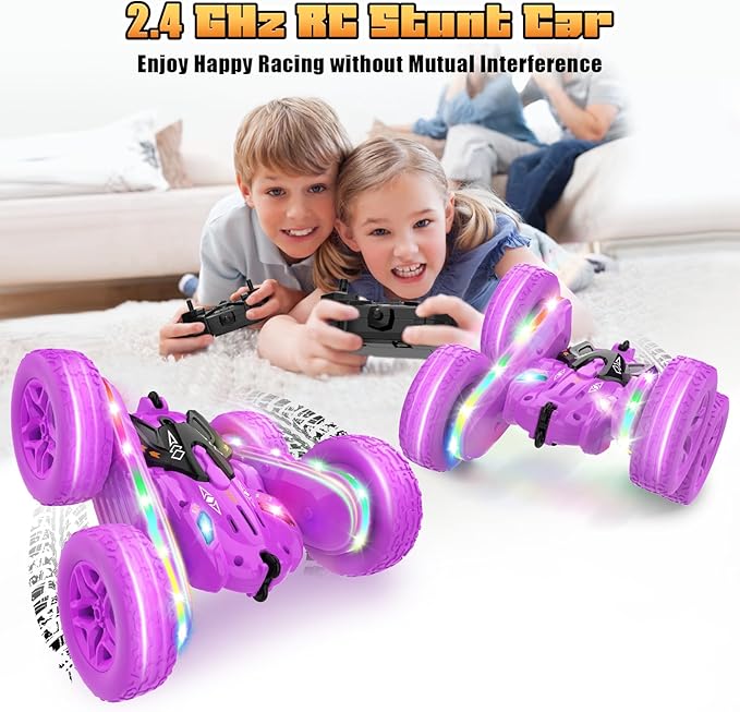 Remote Control Cars for Girls 2.4GHz RC Stunt Car with 360° Flips &amp Double Sided Driving LED Strip Lights and Headlights Changeable Wheels Birthday Gift for 5-12 Year Old Girls (Purple)