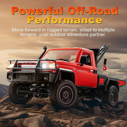 RC Crawler 1:12 Scale MN82 New Upgrades MN82-T RC Crane Truck 4WD LC79 Land Cruiser Rock Crawler with Lights Speed Adjustment Crane Tires All Terrain Wrecker for Teens Adults(Red)