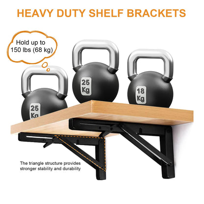 Storystore Folding Shelf Brackets - 10 Inch Heavy Duty Metal Collapsible Shelf Bracket for Bench Table, Shelf Hinge Wall Mounted Space Saving DIY Bracket, Max Load: 150 lb (2 PCS, Black)