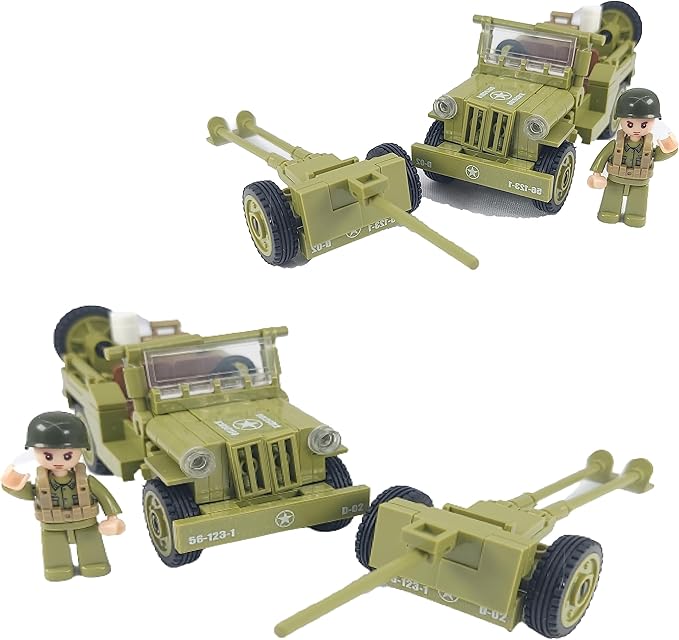 General Jim's WW2 US Army 4x4 Vehicle &amp Artillery Set Army Green Military Trucks with Tow Cannons 2 Figures &amp Custom Weapons Brick Building Set for All Building Levels Compatible with Major B