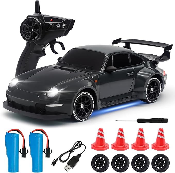 RC Drift Car1:24 Scale Remote Control Car 2.4GHz 20KM/H 4WD High Speed RC Cars for Kids with LED Light Two BatteriesDrifting TiresRacing Vehicle Toy for Adults Boys Girls Gray