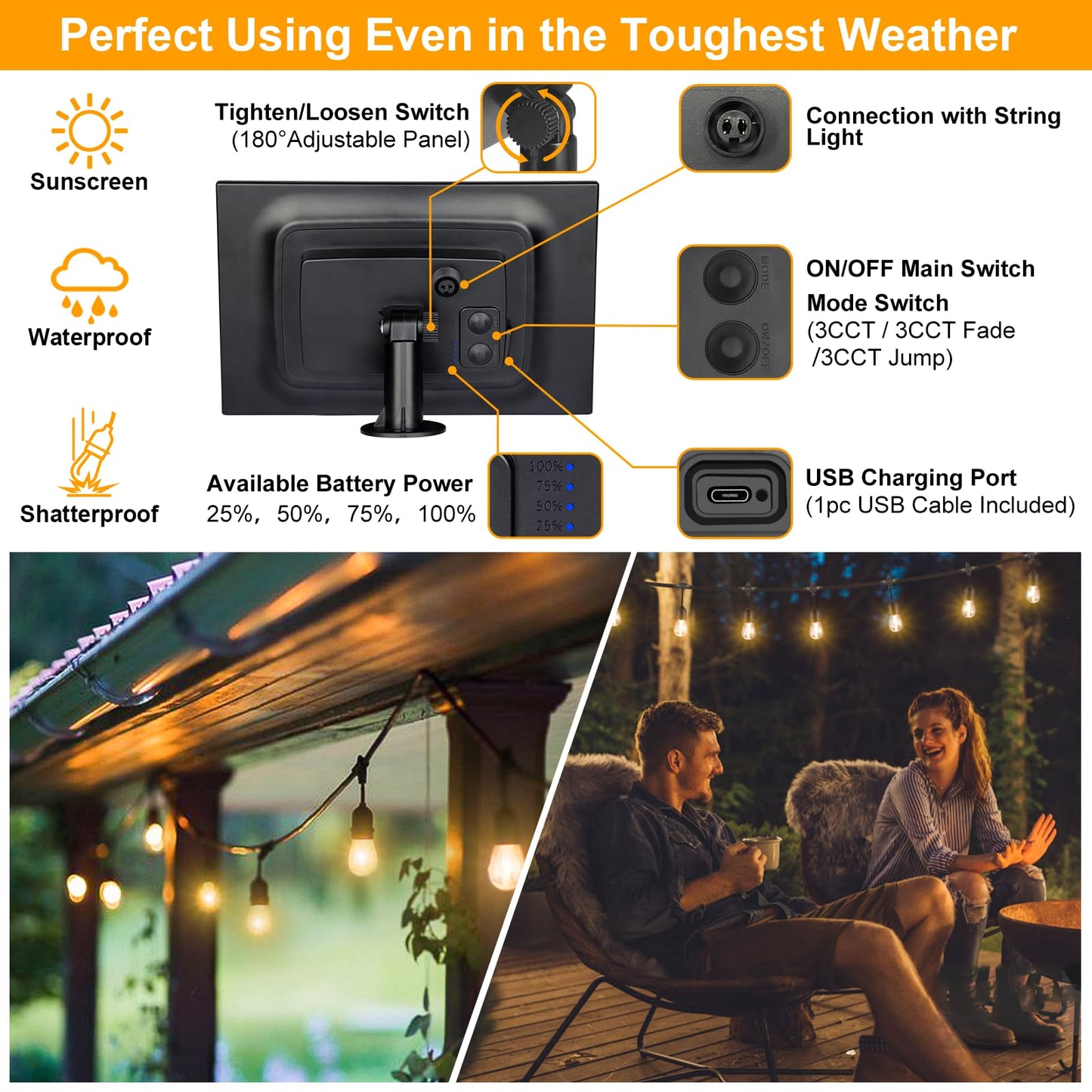 Mlambert 3-Color in 1 Solar String Lights Outdoor Waterproof Dimmable, 48ft Remote LED Patio Lights,15 Hanging Sockets Shatterproof Light for Backyard