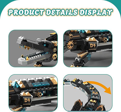Mechanical Alligator Building Set 541 Pieces Steampunk Crocodile Model Kit with Golden Nameplate Articulated Swamp Beast Construction Toy Cyberpunk Bio-Animal Decor Gift for Adults Teens