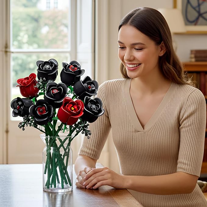 ENJBRICK 12 Pack Gothic Black Roses Building Set Compatible with Lego Red &amp Black Flower Bouquet with Baby's Breath Unique Romantic Gifts for Women Aesthetic Home Decor