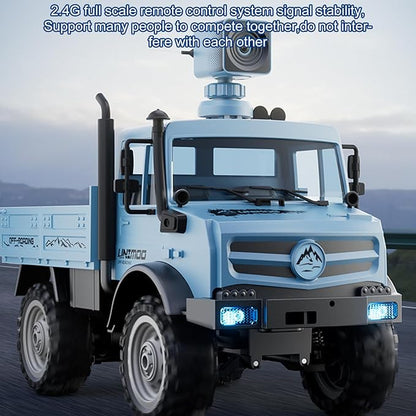 RC Military Truck 1:16 Scale Remote Control Car with Camera All Terrain Rock Crawler Off-Road Truck 2.4GHz Army Transport Vehicle with Rechargeable Battery for Adults Blue