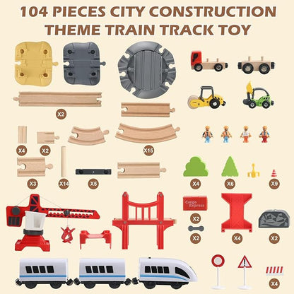 104 Pcs Wooden Train Set for Toddlers Magnetic Trains with Track for Kids Ages 3-6 Compatiable with Major Brands Construction Railway Playset Gifts for Boys and Girls Ages 3+