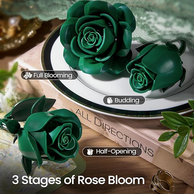 iATOM Green Rose Bouquet Building Set 12Pcs Fake Flowers Botanical Collection for Adult Valentine's Day Gift and Saint Patricks Day Decorations for Her/Girlfriend/Mom/Wife/Couple