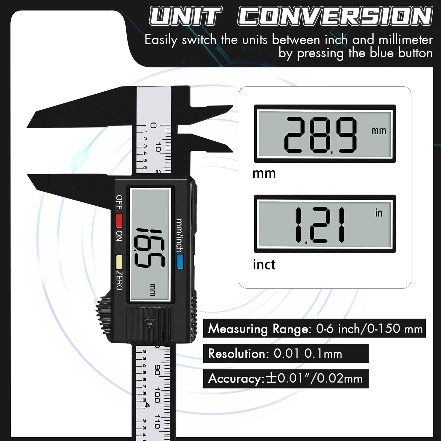 Simhevn Electronic Digital Calipers, inch and Millimeter Conversion,LCD Screen displays 0-6" Caliper Measuring Tool, Automatic Shutdown, Suitable for DIY/Jewelry Measurement (New150mm Black Plastic)