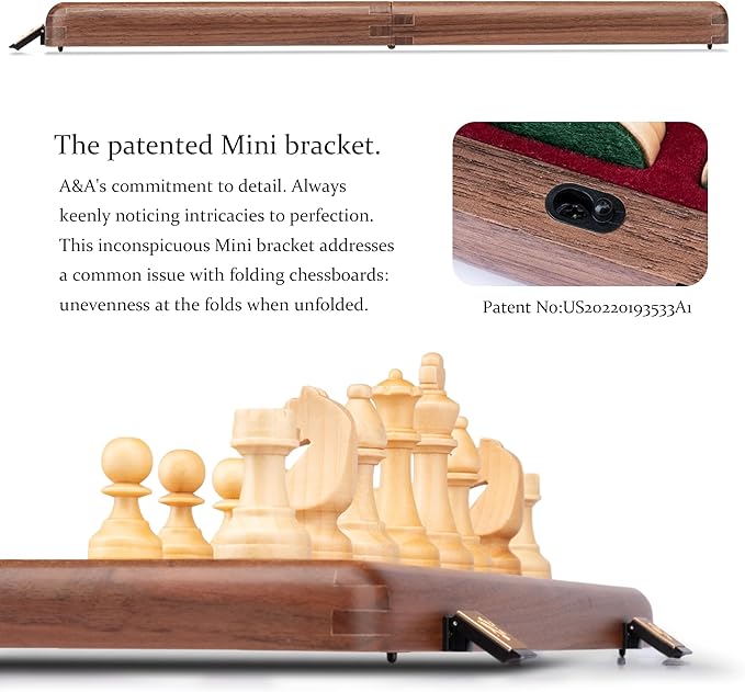 A&ampA Premium Folding Chess Board Game Set 15 Wooden Chess Board &amp 3 King Height Staunton Chess Pieces with 2 Extra Queens Portable Travel Chess Set (Natural Walnut 15 Inches)