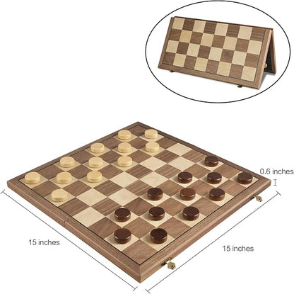 Walnut 15 Magnetic Checkers Board Game Set - Folding Wooden 8x8 Chessboard with 24 Interlocking Pieces Storage Slots - Family Strategy Game for Beginners &amp Kids Adults