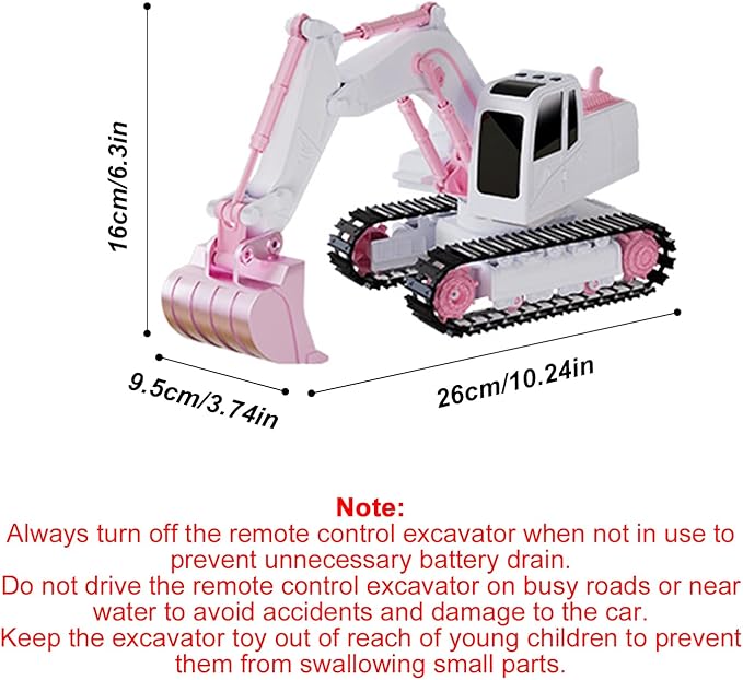 Pink RC Excavator 6 Channel 2.4Ghz RC Construction Vehicle1:24 Scale Pink Excavator Toy with 360° Rotation Light Sound and DIY Stickers Birthday Gift for Teens Adults (1 Battery)