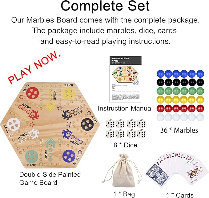 24 Wooden Wahoo Board Game Double-Sided for 4 or 6 Players Fast Track Board Game Original Marble Game Set with 36 Marbles 8 Dice for Family Night Parties and Adult Gifting