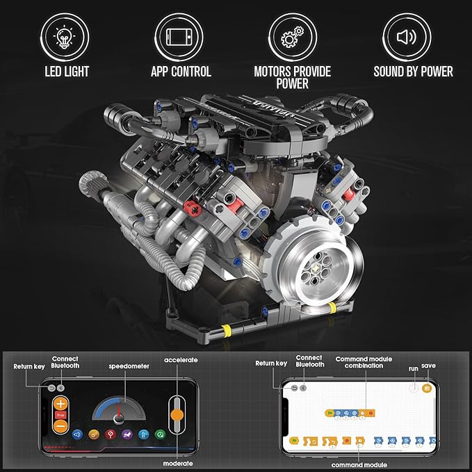 HIGH GODO V8 Engine Kit That Work Visible Car Engine Model Kit with Motor and Lights Build Your Own Car Engine Kit with App Control Kit STEM Project for Teens Adults 14+ (715 PCS)