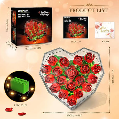 Flower Bouquet Building Set with LED Lights - 19 Rose Red Botanical Collection Block Toy with Heart Shaped Cover for Adult Her Lover Wife Women Girls 8-12+
