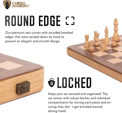 15 Inch Magnetic Wooden Chess Set for Adults &amp Kids - Folding Travel Chess Board with Handcrafted Staunton Pieces Extra Queens and Storage Slots