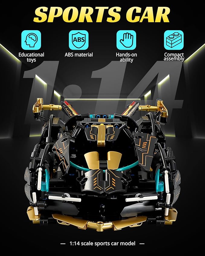 1:14 V12 Technic Super Sports Cars Model Sets - 1314 PCS Black Gold MOC Building Block Car Raceing Engineering Toys - Gift Idea for Adults Boys Girls for Play and Display Collection