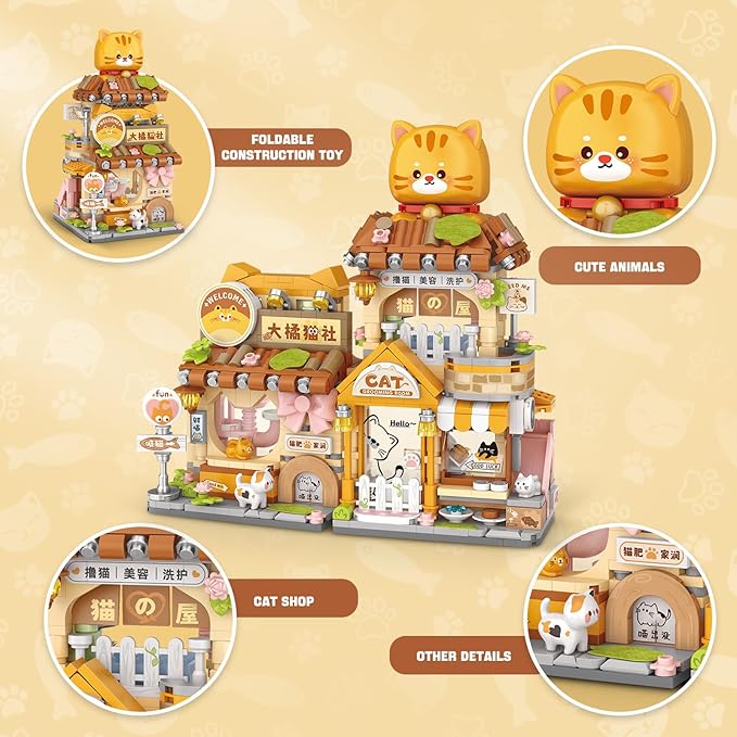 Street View Cute Cat Shop Mini Building Blocks MOC Creative Building Toys Cute Animals Building Set for Girls 6-12 Simulation Architecture Construction Toy Gift Idea for Kids Adults (917 PCS)