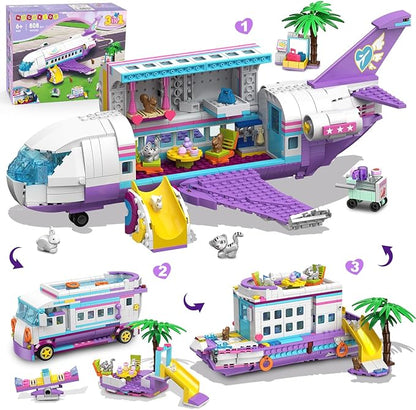 HOGOKIDS 3-in-1 Friends Airplane Building Toy Set - 808PCS Plane/Boat/Camper Van Building Toys with Cute 6 Mini Animals Slide Fun Accessories and Stickers Birthday Gifts for Girls Boys Age 8-12+