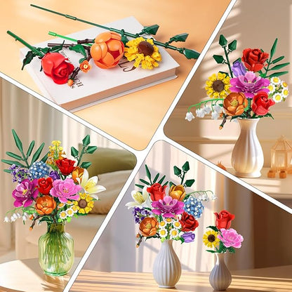 Flower Bouquet Building Set 1043 PCS Bouquet Botanicals Collection Easter Gift for Her Girlfriend Wife 15 Artificial Flowers Building Blocks Home Decor for Adults Kids Teens Women Birthday