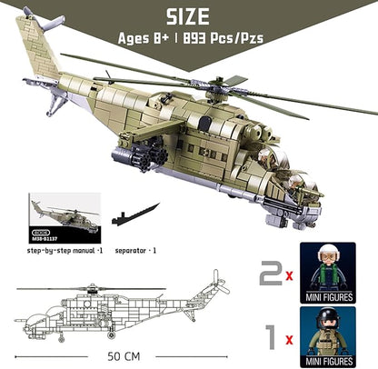 MI-24 Attack Helicopter Building Set - 893 PCS 1:30 Scale Military Gunship Model Battle Brick WW2 Army Toy Set with 3 Toy Soldiers