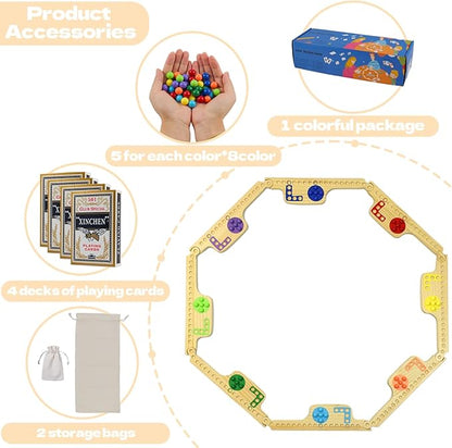 Jokers and Marbles Board Game - Wooden Travel Game for 2-8 PlayersCard and Marble Gamewith 8 Game Boards 4 Cards 40 Marble - for Travel &amp Parties and Family Nights
