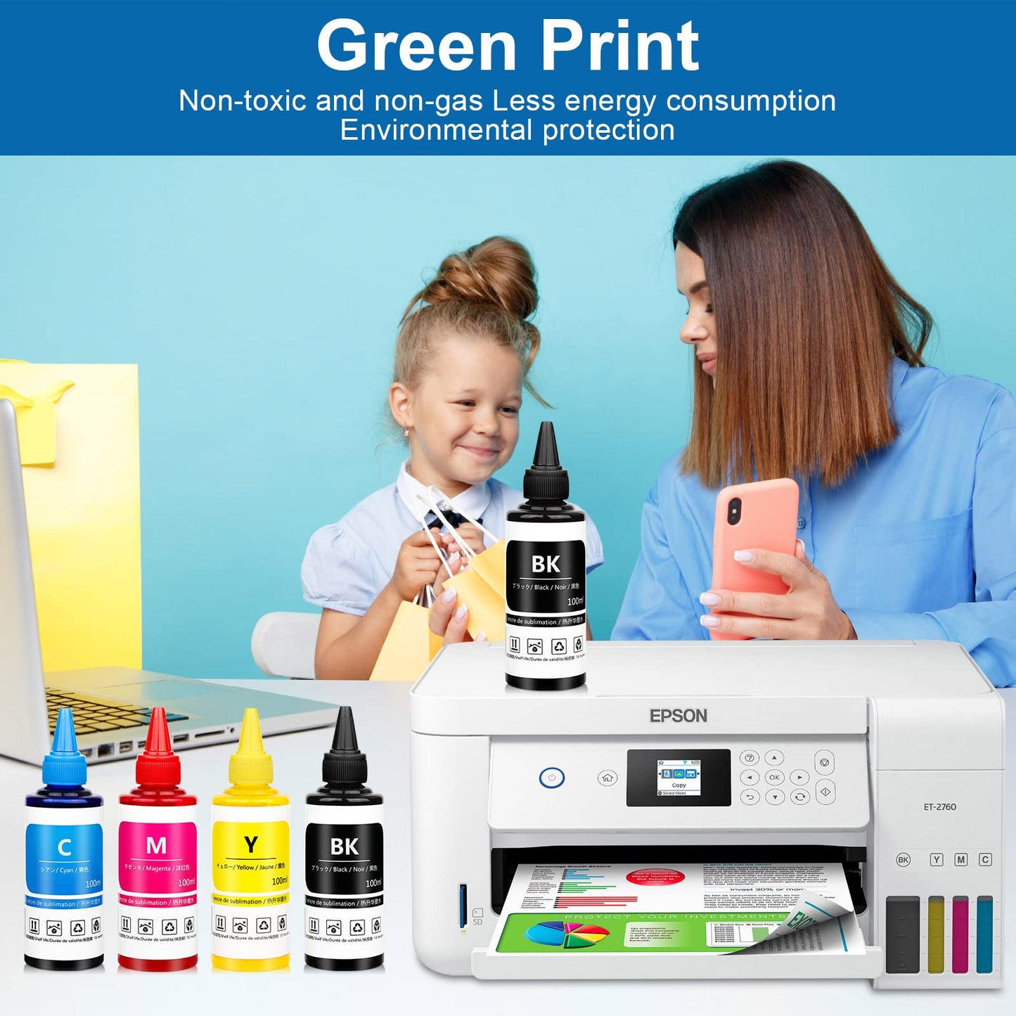 Xcinkjet Sublimation Ink Refilled for ET-2800 ET-2803 WF-7210 WF-7720 ET-4700 ET-2760 ET-2850 ET-15000 ET2720 WF7710 ET-4800 ET2650 ET2750 WF2750 WF3620 Printer(BK*2 C*1 M*1 Y*1 All 5 Packs)