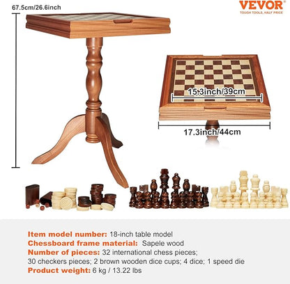 VEVOR 3-in-1 Chess Checkers Backgammon Table Set 18 Inch Premium Wooden Chess Table Deluxe Combo Game Table Furniture Set Chess Set Board Game Gift for Family Board Games