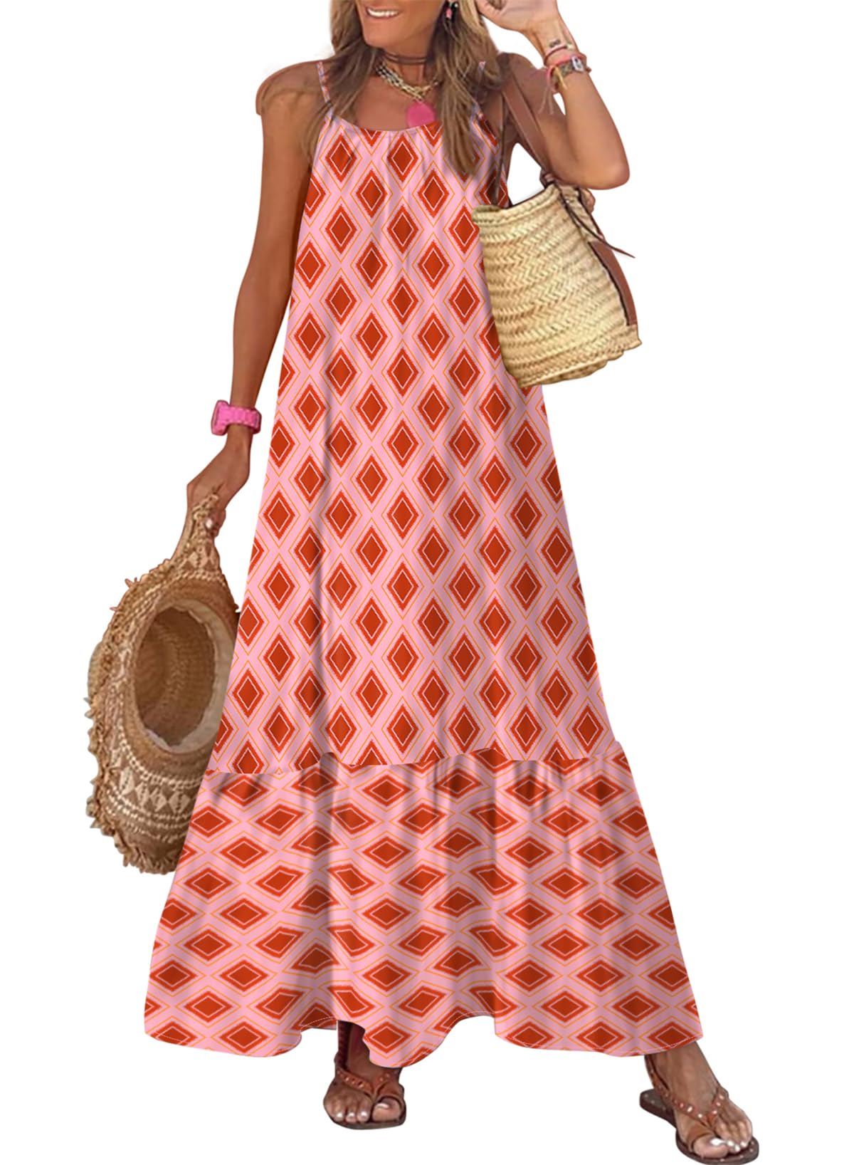 Dokotoo Women Summer Dresses 2025 Spaghetti Strap Scoop Neck Smocked Ruffle Flowy Boho Maxi Dress