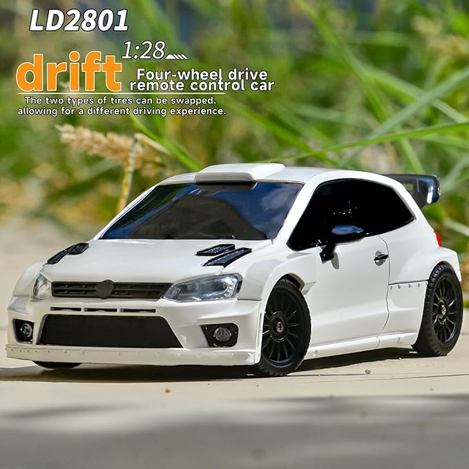 LD2801 Mini RC Drift Car 1/28 Scale RTR Remote Control 4WD Racing Cars with 4PCS Drift Tires and LED Searchlight for Hobby Gift (White)