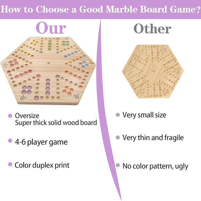 HOROW Wahoo Board Game Wooden Original Board Game Classic 2 Side Painted Fast Track Game for 4 Player and 6 Player with 30 Marbles6 Dices for Family Game Night(6largeLog)