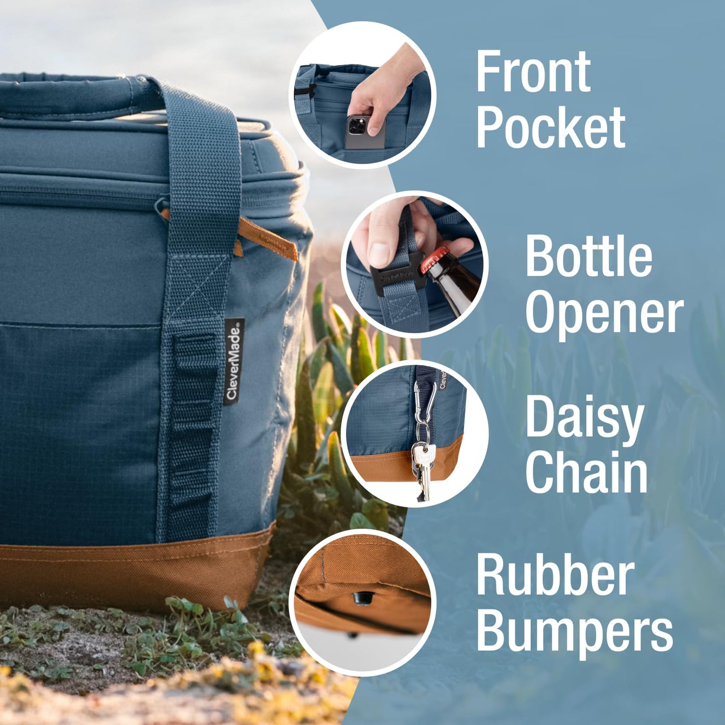 CleverMade Pacifica Collapsible Insulated Cooler Bag – 18 Can / 13 Qt Leakproof Soft Cooler for Beach, Travel, Car – Bottle Opener – Ocean