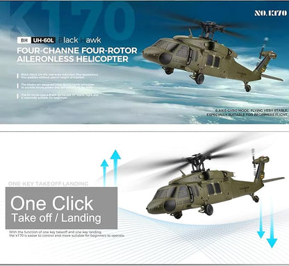K170 UH60L Remote Controlled Helicopter Aircraft Plane 2.4Ghz 4CH RC Helicopter Heli Aileronless 6-Axis Gyroscope Altitude Hovering 3-Batteries for Adults Beginners