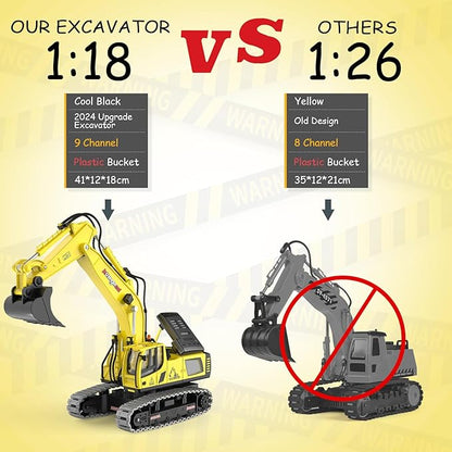 kolegend Remote Control Excavator Toy 16 Inch 11 Channel RC Construction Vehicles Hydraulic Haulers Digger Toys Gift for 6+ Years Old Kids Boys