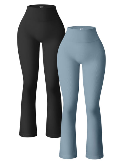 OQQ Women's 2 Piece Yoga Pants Ribbed Seamless Workout High Waist Bell Bottoms Flare Leggings