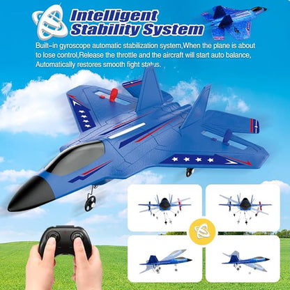 Fremego RC Airplane F22 Fighter Jet for Kids &amp Adults 2.4GHz Remote Control with Gyro Stabilization LED Lights Crash Resistant EPP Foam Perfect Beginner Gift(Blue)