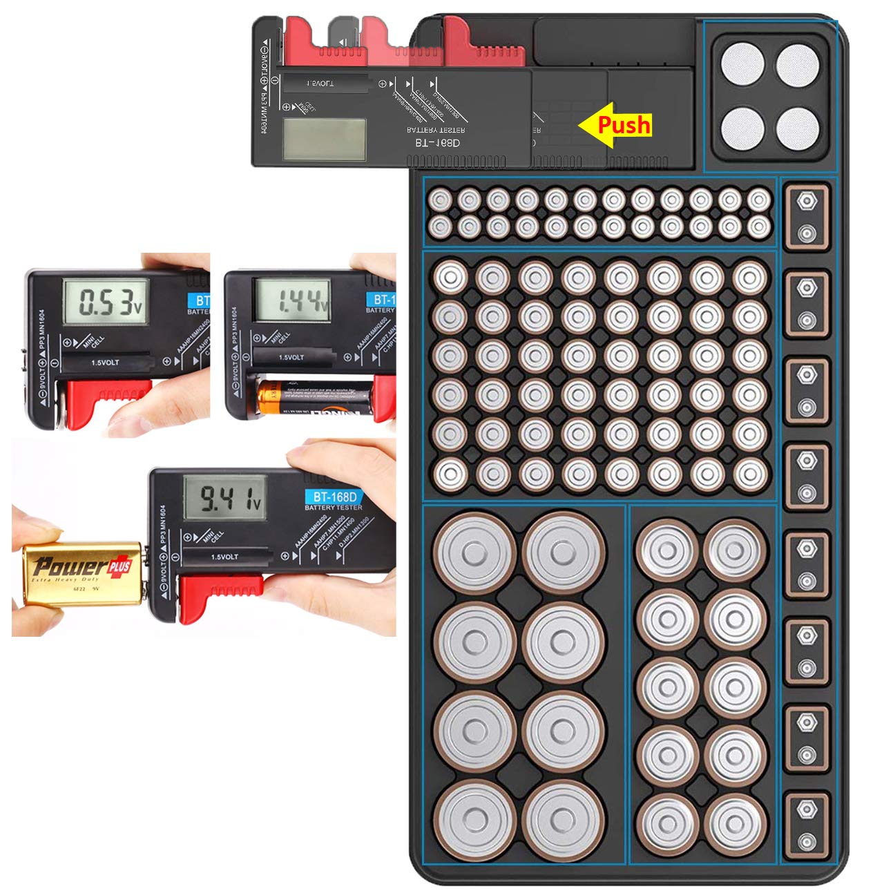 Battery Organizer Storage case with tester can hold 110 battery Various Sizes for AAA, AA, 9V, C and D size and Digital Battery Tester