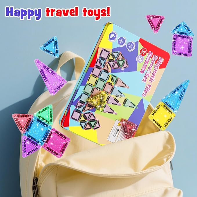 42 Pcs Mini Travel Glitter Magnetic Tiles Magnetic Block Set with Storage Box - STEM Educational Sensory Preschool Building Toy for Toddlers Ideal Kids Gifts for Ages 2 3 4 5 6