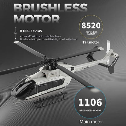 Wltoys K160 Helicopter 4CH EC-145 Rescue Helicopter with Brushless Motor &amp 6G Gyro - Altitude Hold One-Touch Fly 8-10 Min Flight Anti-Crash Scale 4-Blade Design for Beginners and Pros