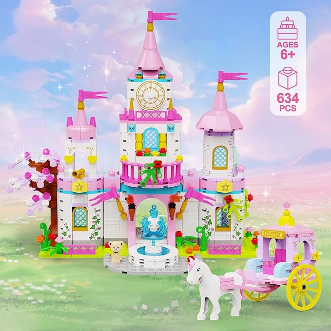 Princess Castle Building Blocks Set for Girls 6+ 634PCS Fairy Tale Dream Castle with Rotating Fountain &amp Movable Carriage Compatible with Lego Friends Gift for Kids Girls Princess Lovers