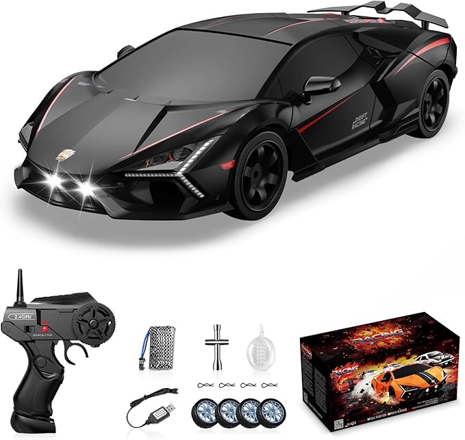 RC Drift Car Drifting RC Car 1/24 4WD Drift Cars Remote Control 2.4GHz Racing RC Vehicle with LED Lights Rechargeable Battery and Drifting Tires Racing Sport Toy Cars for Adults Boys Kids