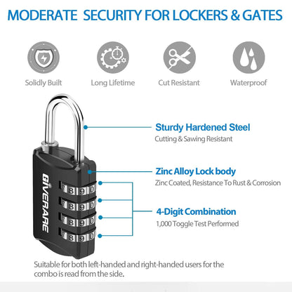 GIVERARE 4 Pack Combination Lock, 4-Digit Padlock Keyless, Resettable Luggage Locks for Backpack, Gym & School & Employee Locker, Weatherproof Travel Lock for Fence, Backyard Gate, Hasp, Case-Black