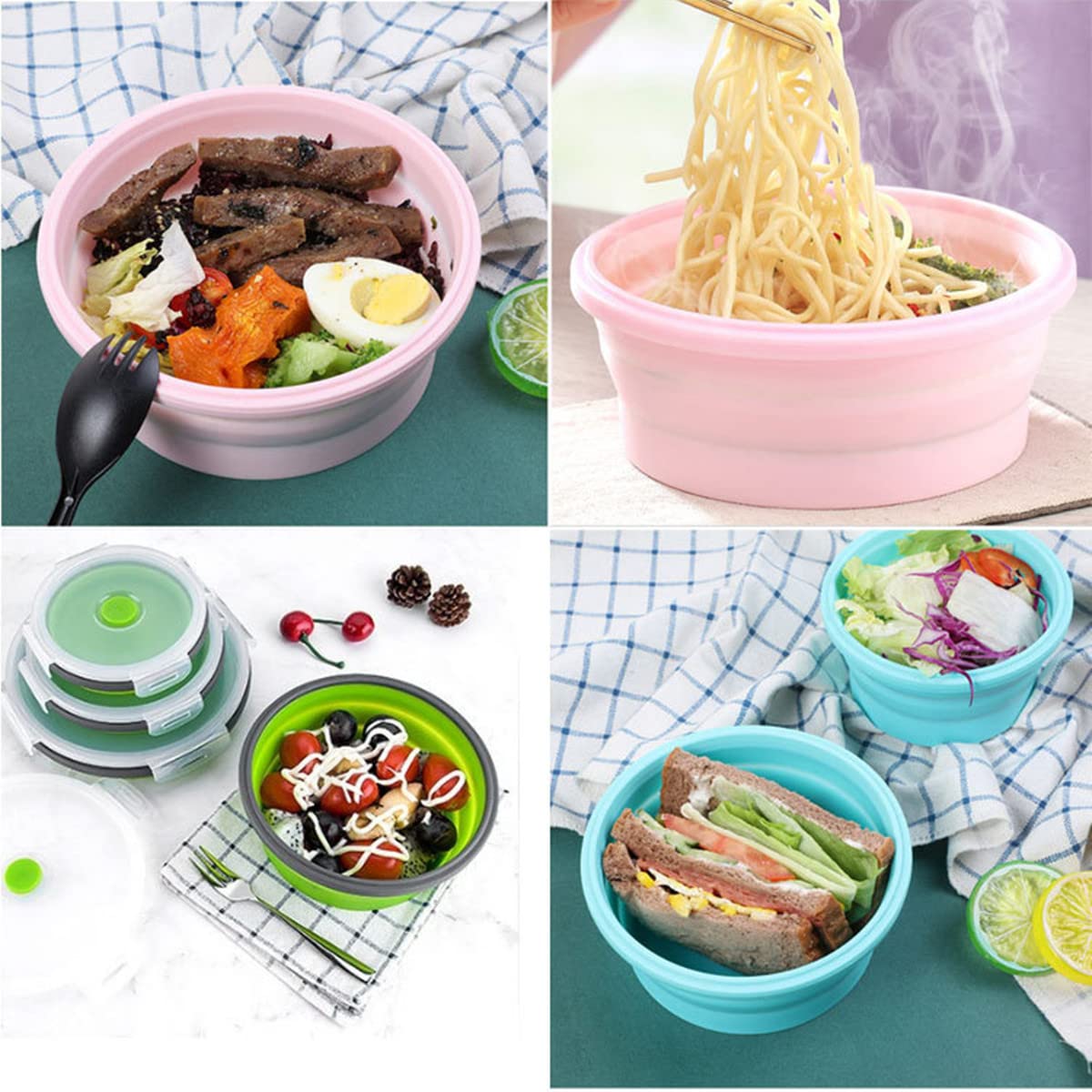 Collapsible Bowls For Camping, Set of 4 Silicone Food Storage Containers with Lids, Rv storage and organization, Rv Kitchen Accessories, BPA Free, Microwavable, Freezer, Dishwasher Safe Green