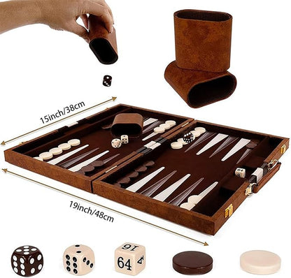15inch Backgammon Set Classic Folding Board with Leather Case Portable Travel Game Ideal Gift Package for Strategy Lovers