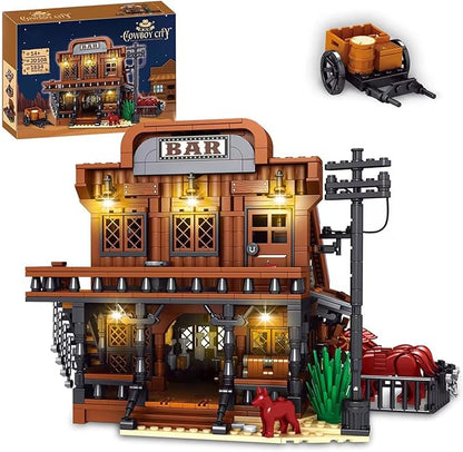 Western Bar Modular Building Set for Adults Wild West Cowboys Cabin with Horses &amp LED Lights Collection House Set for West Lovers (1834 PCS)