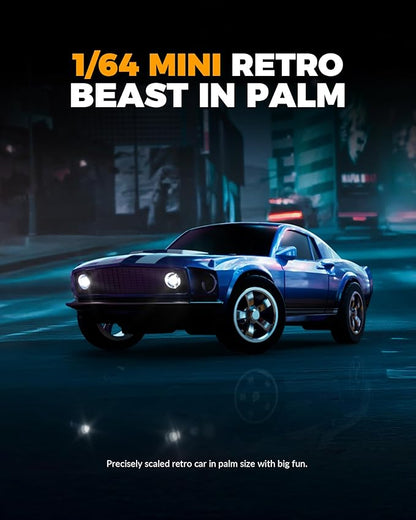 1/64 Scale Drift RC Car2.4Ghz Mini Sports CarEquipped with LED Lights and Mustang Retro Cars with Built-in GyroscopeProfessional Rear Wheel Drive30 Minute Driving Time (Blue)