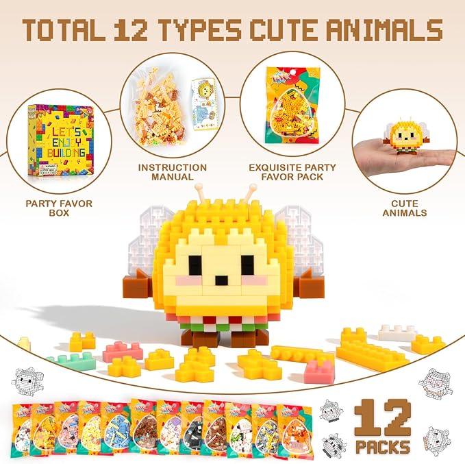 HIGH GODO 12Pack Mirco Mini Animals Easter Party Favors Building Set 2438PCS Cute Animals Set for Goodie Bag Stuffers Birthday Gifts for Adult Teens 14+ (Not Compatible with Major Brand)